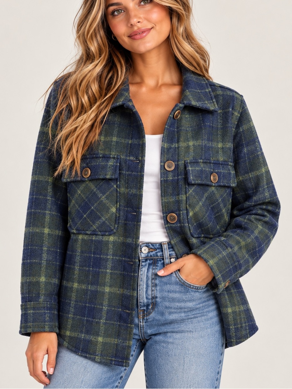 Treasure & Bond Blue Green Plaid Wool Blend Shacket Oversized Jacket. Size L